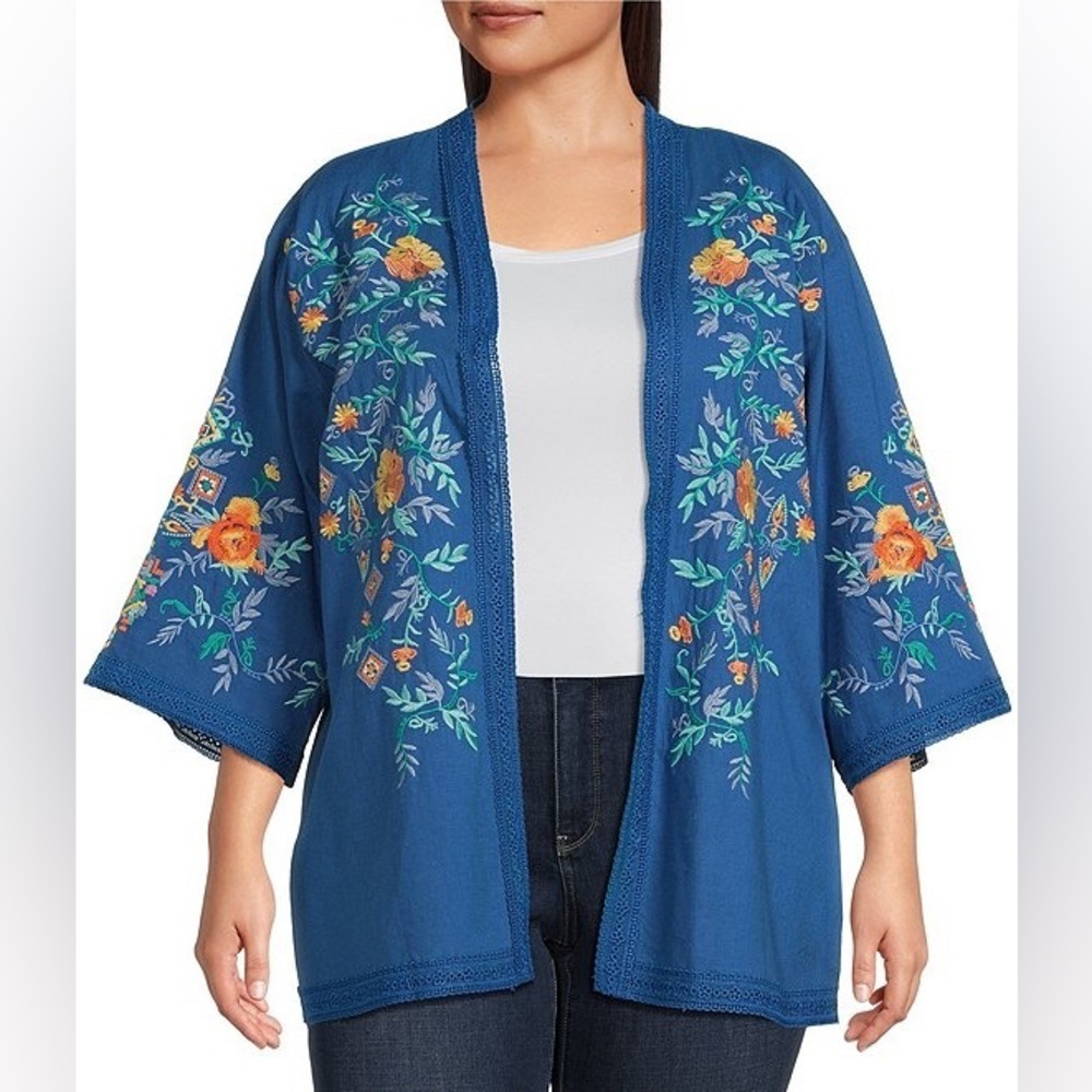 NEW Calessa Embroidered Lace Trim Detail Open-Front Blue Kimono Cardigan Size 1X